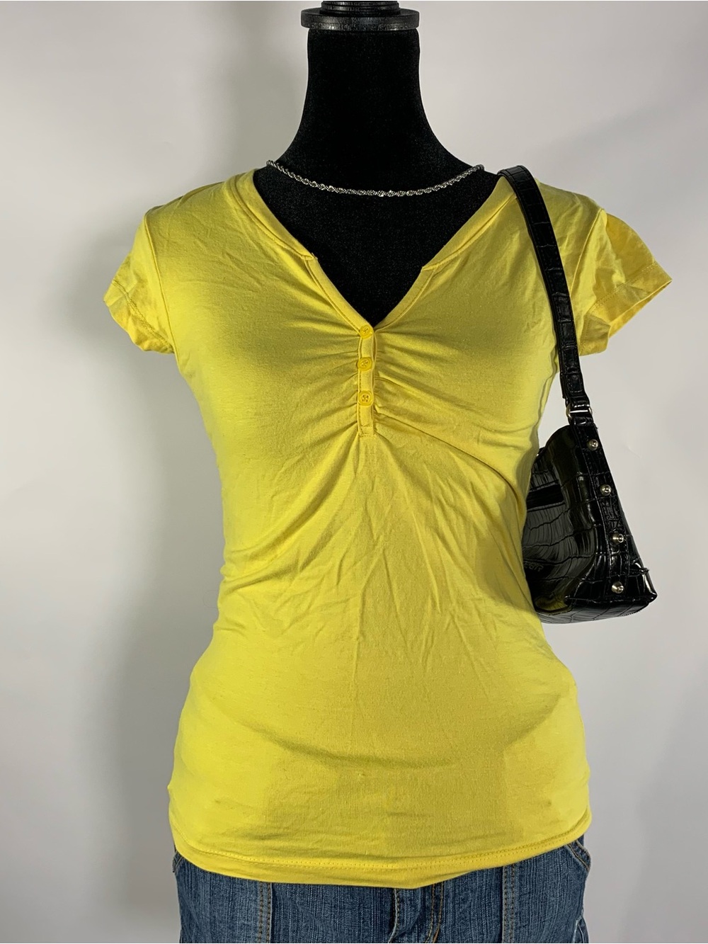 H&M Yellow Ruched Henley Baby Tee XS 2010s